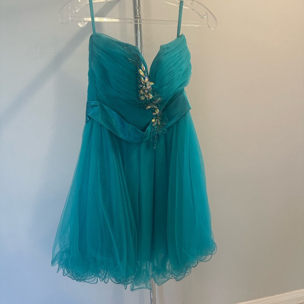 Blue Embellished Ruched Sweetheart Mini Dress